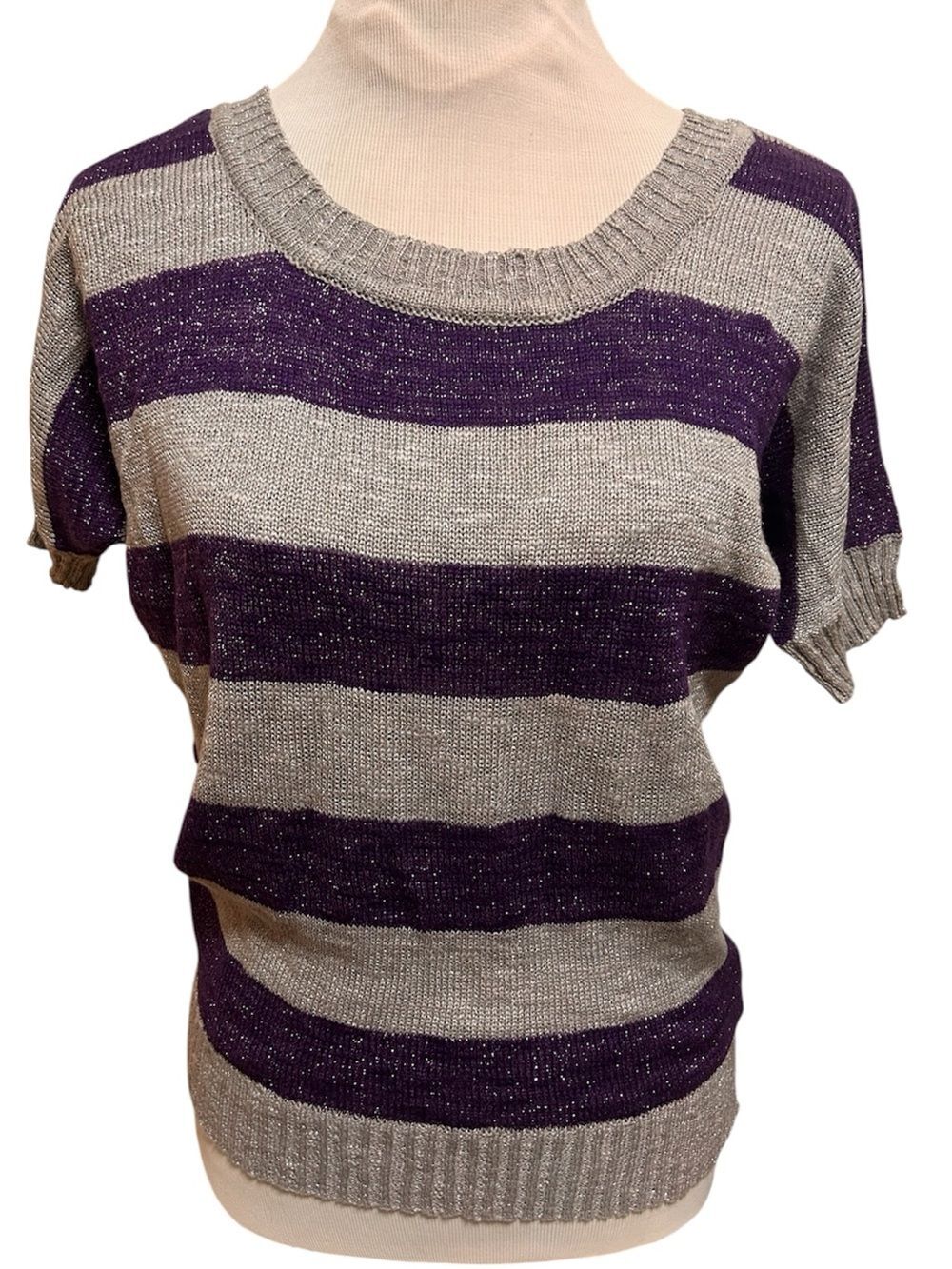 NWT l.e.i.  Sparkly Metallic Knit Purple Gray Striped Top
